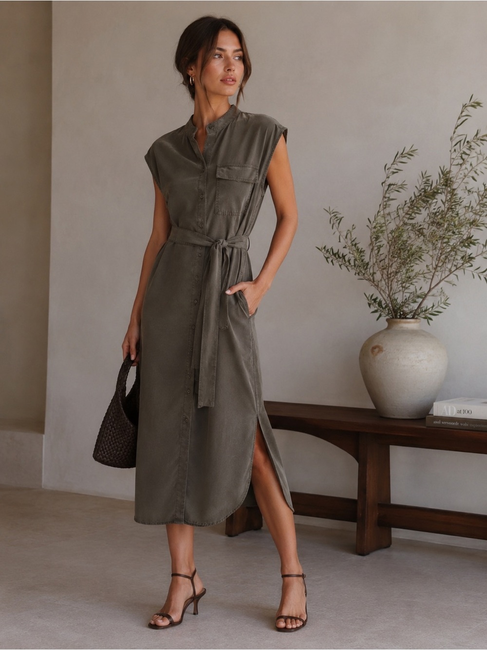 Caslon Olive Shirt Dress with Waist Tie